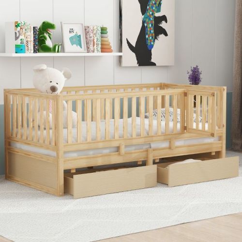 Twin Size Wood Daybed With Fence Guardrails And 2 Drawers, Split Into Independent Floor Bed & Daybed, Natural-modernluxe