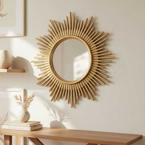 Gold Sunburst Wall Mirror - Mid Century Modern Round Decorative Mirror - Small Starburst Accent for Gallery Wall