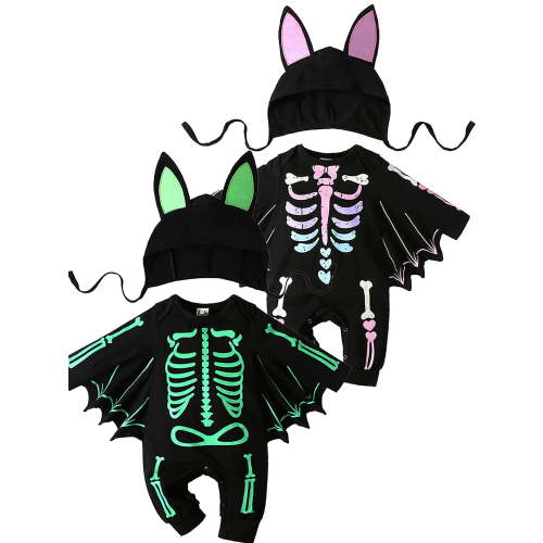 WIBACKER 3M-24M Infant Baby Boy Halloween Dress Up Clothes Bat Wings Romper with Cap Newborn Skeleton Costumes