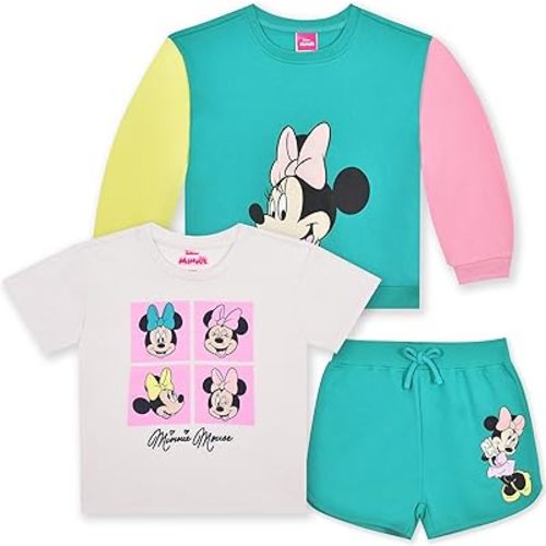 Disney Minnie Mouse Girls Sweatshirt, Short Sleeve T-Shirt, and Shorts 3 Piece Set for Toddlers and Big Kids