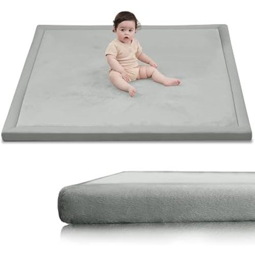 Huloo Sleep Baby Play Mat for Floor,1.3" Thick Elasti-Foam 50x50 Playpen Mat for Toddlers Infant Kids,Water-Repellent Soft Coral Velvet Tummy Time Mat,Non Slip Crawling Mat,Tatami Mat(Light Grey)