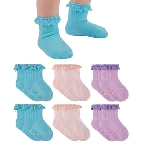 Baby Girl Ruffle Socks Non Slip Grips Cute Cotton Lace Ankle Pageant Dress Socks Newborn Infant Preemie 0-3 Months
