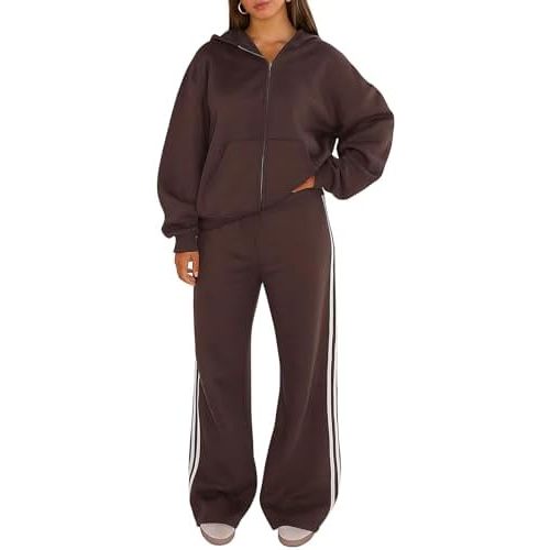 Akmipoem Sweatsuits Women 2 Piece Outfit Zip Up Hoodie Jacket Striped Wide Leg Sweatpants Athleisure Tracksuit Lounge Set