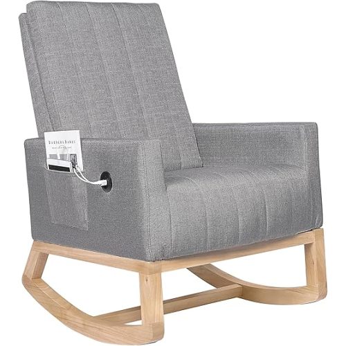 VECELO Rocking Chair Nursery, Modern Upholstered Glider Rocker with USB Port and Side Pocket, High Backrest Padded Seat Accent Armchair for Living Room, Nursery, Bedroom