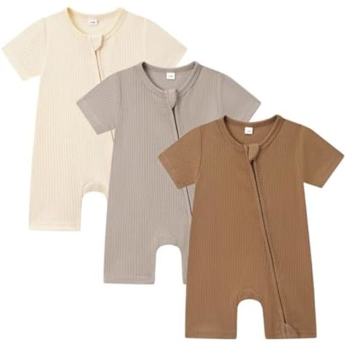 Bafeicao Baby Boy Girl 3 Pack Short Sleeve Rompers Ribbed Cotton 2 Way Zipper Solid Romper One Piece Jumpsuits Clothes
