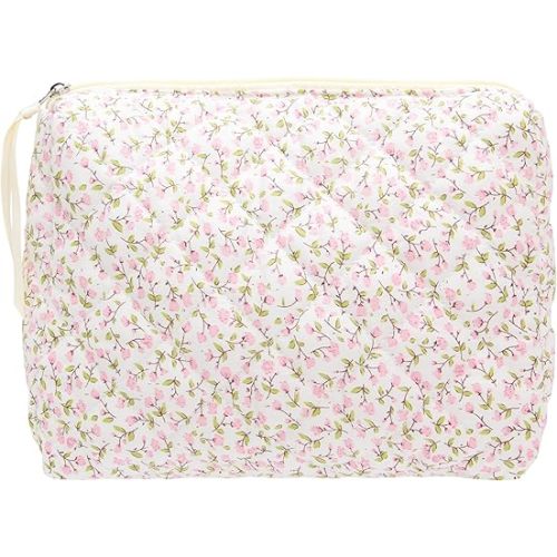 Quilted Makeup Bag Large Travel Zipper Soft Cosmetic Pouch for Women Girls Make Up,Floral Pink