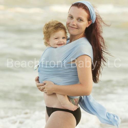USA made Beachfront Baby Wrap Carrier- SAFE water babywearing at the beach, pool, water park or in the shower- Sky Blue Mesh