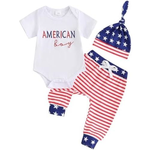 FEIBEL 4th of July American Boy/Babe Letter Embroidery Romper + Striped Pants + Beanie Hat 3Pcs Baby Boy Outfit