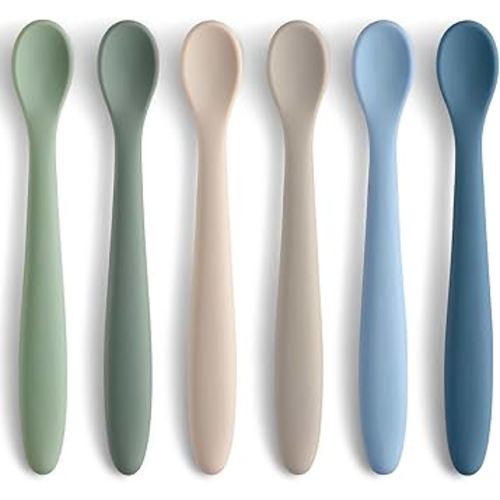 6 Piece Silicone Baby Feeding Spoons, First Stage Infant Soft-Tip Easy on Gums, Training Spoon Self-feeding, Utensils Supplies, Dishwasher & Boil-proof - Blue