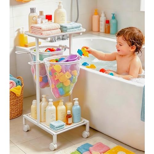 Bath Toy Storage Holder, Quick Drying Bathtub Toy Organizer with 2 Hanging Mesh Net and Shower Caddy, Large Bath Tub Toy Bin Easy Access, Freestanding Bathroom Toys Basket Cart for Toddler
