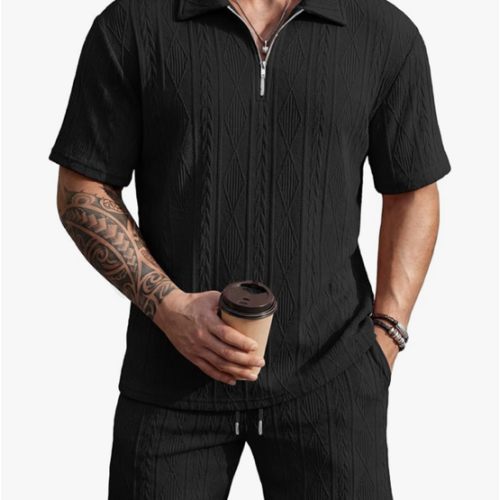 COOFANDY Men's 2 Piece Set Summer Beach Vacation Outfits Quarter Zip Polo Shirt and Shorts Sets