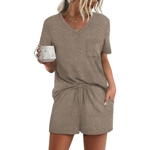 RUBZOOF Women's Short Sleeve Pajama Sets with Pockets Casual V Neck 2 Piece Lounge Sets S-3XL