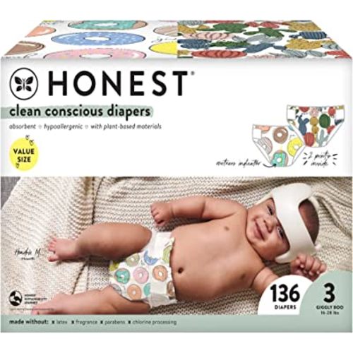 The Honest Company Clean Conscious Diapers | Plant-Based, Sustainable | Cactus Cuties + Donuts | Super Club Box, Size 3 (16-28 lbs), 136 Count
