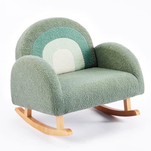 JOYMOR Kids Chair, Teddy Fleece Toddler Rocking Chair with Solid Wood Legs, Anti-Tip Design, Kids Sofa for Nursery, Playroom, Green