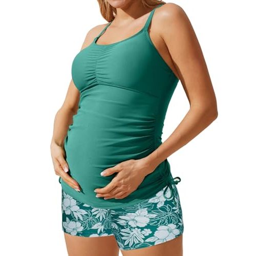 Maacie Maternity Athletic Tankini Swimsuits Two Piece Floral Print Ruched Tops with Shorts