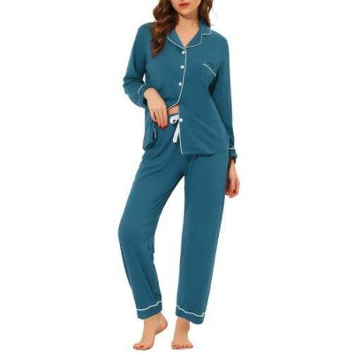 cheibear Women's Long Sleeves Button Down Top with Pants Lounge Pajamas Set
