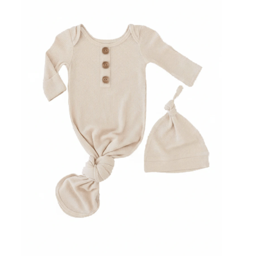 Oatmeal Bamboo Waffle Newborn Baby Knot Gown & Hat Set