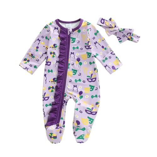 Ayalinggo Newborn Baby Romper Infant Girl One-piece Outfit Waffle Ruffle Zip Footie Spring Summer Clothes With Bow Headband