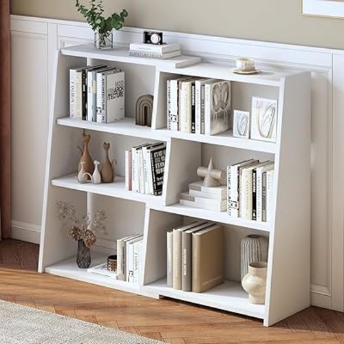 IOTXY Wooden Extendable Shelf Bookcase, 3-Tier Low Bookshelf, White, S
