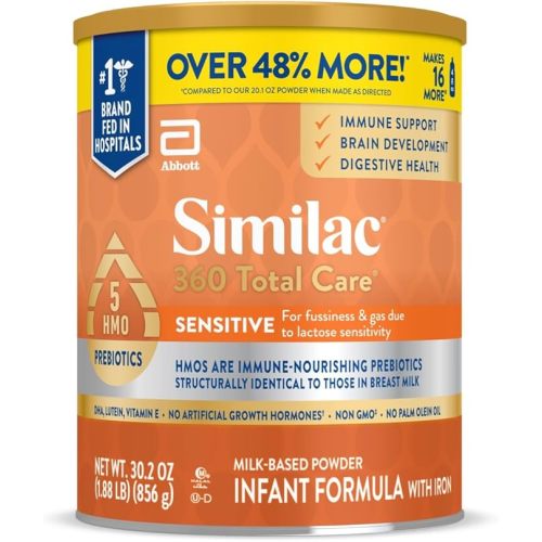 Similac 360 Total Care Sensitive Infant Formula for Fussiness & Gas Due to Lactose Sensitivity, Has 5 HMO Prebiotics, Baby Formula Powder, 30.2-oz Tub