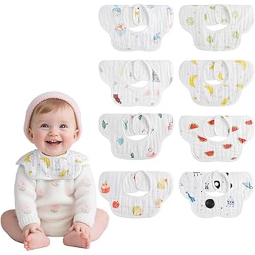 8-Pack 360° Rotate Organic Cotton Baby Bibs, Newborn Muslin Bibs For Teething And Drooling,Unisex Baby Bibs For Toddler, Adjustable With Snaps, Super Soft & Absorbent Baby Bibs For Boys And Girls.