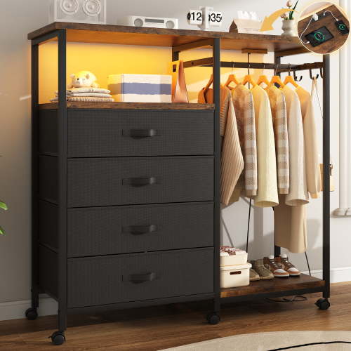 3-in-1 Dresser with Clothes Rack, 4 Drawers, Charging Station, LED Lights, and Wheels, Rustic Brown Storage Chest for Bedroom, Living Room, Hallway（Ember Brown）
