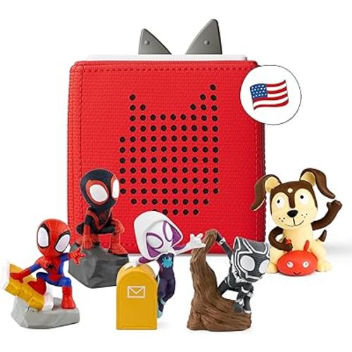 Tonies Toniebox Audio Player Starter Set with Spidey, Ghost-Spider, Spin, Black Panther, and Playtime Puppy - Ages 3+, Listen, Learn, and Play with One Huggable Little Box - Red