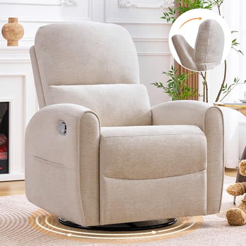Swivel Rocker Recliner, Manual Swivel Glider Nursery Recliner Chair with Adjustable Headrest and Lumbar Support, Rocking Recling Chairs for Small Space, Living Room, Bedroom, Chenille Camel