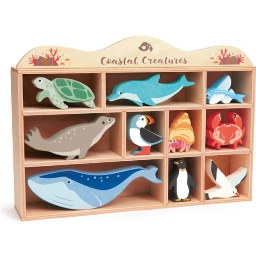 Wooden Coastal Animal Figures and Display Case