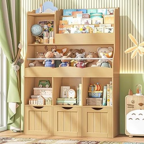 Vabches Kids Bookshelf with 3-Tier Book Rack, Multi-Functional Storage Cabinet Bookcase with 3 Movable Drawers, Wooden Toy Organizer with Toy Chest for Kid Room, Playroom, Oak