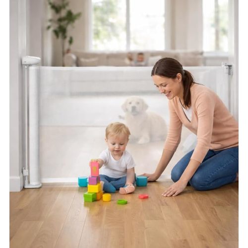 Retractable Mesh Safety Gate, Pets Gate, Baby Gate, 33" Tall, Extends to 55" Wide, for Stairs, Doors, Hallways, Indoor/Outdoor (White, 55 Inches)