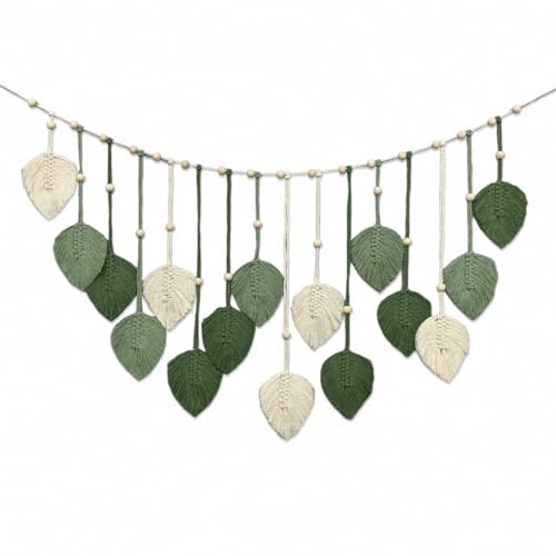 Nature-Inspired Macrame Leaf Wall Hanging, Handcrafted Green Tapestry Boho Home Decor, Bohemian Art Nursery Living Room Bedroom Backdrop Chic Decoration (Green Off White 47.2“ x 30“)