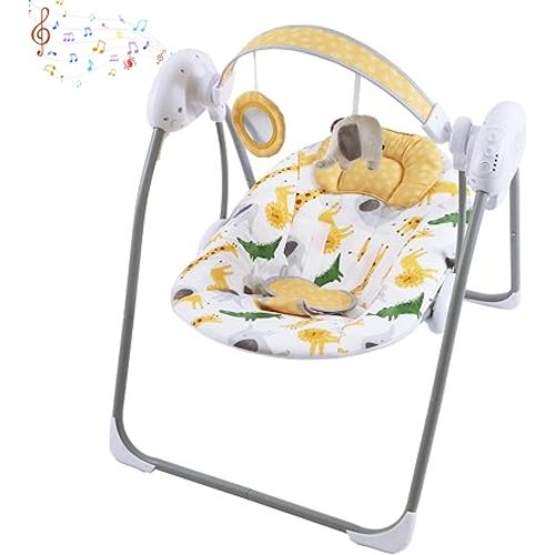 Baby Swing for Infant,Newborn Swing with Music,5 Speed Levels,Timing Setting,Soft Cushion,Foldable Infant Swing with Hanging Elephant Toy & Mirror for Indoor Outdoor Use 0-9 Months