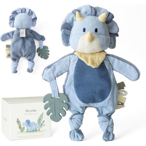 Moonkie Baby Lovey with Silicone Teether, Dinosaur Security Blanket with Textured Ribbons, Crinkle Toys, Soft Minky Velour & Natural Cotton, Newborn Boys Gifts for Baby Shower & Birthday