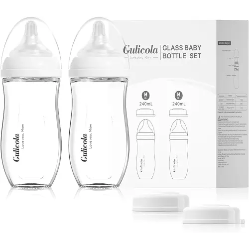 Natural Glass Baby Bottle for Breastfed Babies, Anti-Colic Baby Bottle Set with Medium Flow Nipple, 3 Months +, 8 oz, 2 Pack - White
