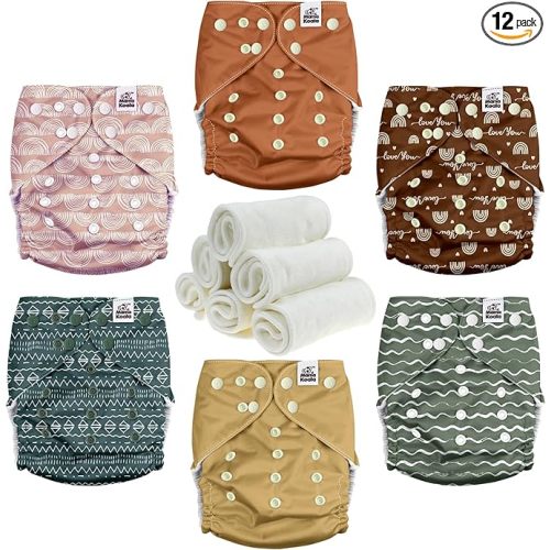 Mama Koala 3.0 Cloth Diapers for Babies with Suede Lining, 6 Pack with 6 Natural Cloth Diaper Inserts - Reusable and Washable Pocket Diapers (S-Classic & Timeless)