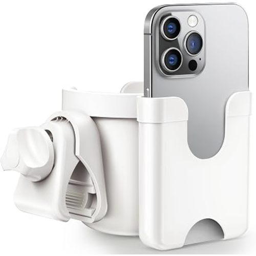 Stroller Cup Holder with Phone Holder, Guiseapue Cup Holder for Walker, Wheelchair/Bike/Rollator/Scooter Stroller Accessories for Uppababy, Nuna, Doona,Baby Travel Essential - White