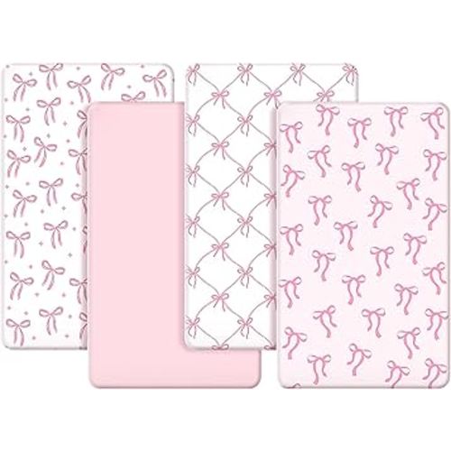 4 Pack Coquette Pink Bows Baby Crib Fitted Sheet 52'' x 28'' Pink Bows Fitted Crib Mattress Sheet Coquette Baby Bedding for Standard Mattress Gift Set