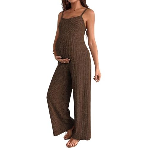 BLENCOT Maternity Ribbed Jumpsuit Sleeveless Square Neck Wide Leg Stretchy One Piece Romper