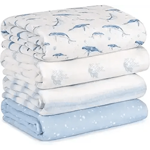 Muslin Swaddle Blankets for Newborn, 4 Pack Cotton Baby Blankets for Boys, Large 31.5 x 43.3 Breathable Soft Receiving Blanket, Essentials Swaddle Wrap Burping Clothes, Blue Whale