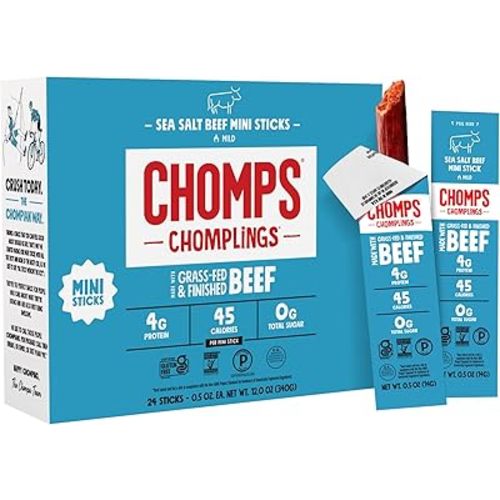 Chomps Snack Size Grass-Fed and Finished Sea Salt Beef Jerky Snack Sticks 0.5oz 24-Pack - Keto, Paleo, Whole30, 4g Lean Meat Protein, Gluten-Free, Zero Sugar Food, Non-GMO Chomplings