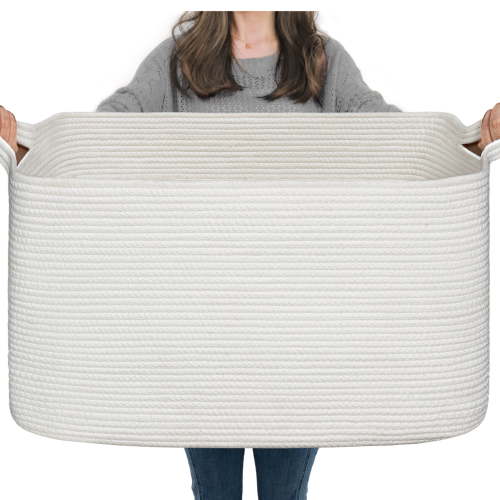 TIMEYARD Large Blanket Basket, 21.6" x 14.9" x 11.8" Rectangle Woven Baskets for Storage-White