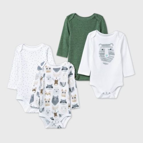 Baby Boys' 4pk Little Cub Long Sleeve Bodysuit - Cloud Island™ Olive Green/White
