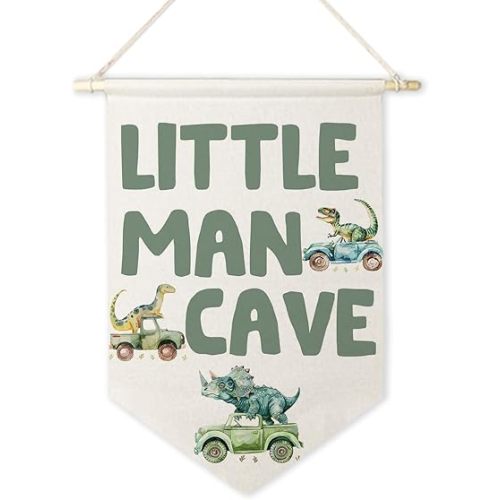 ArtisaEura Little Man Cave Wall Canvas Banners, Dinosaur Nursery Decor, Dinosaur on Truck Hanging Display Pennant Banner Flags, Nursery Wall Decor for Kids Boys Room Bedroom Playroom