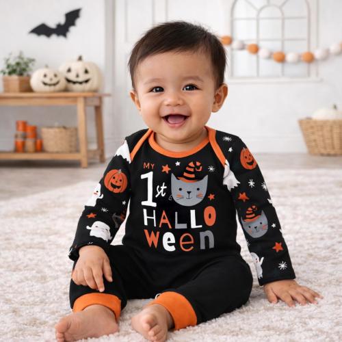 Newborn Baby Halloween Outfit - My 1st Halloween - Pumpkin Print with Optional Headband or Hat - Girl, Boy, Unisex - Cotton - 0-3 Months