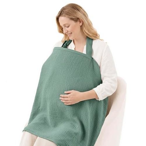 Blissful Diary Muslin Nursing Cover for Breastfeeding, Breathable Breastfeeding Cover up with Arch Neckline for Women, Nursing Apron (Roman Green)