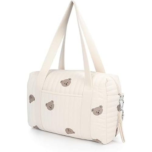 SUNGOOYUE Baby Stroller Storage Bag, Large Capacity Hanging Organizer with Zipper Pockets Cotton Stroller Bag for Mom Essentials Diapers Toys (Bear Bag)