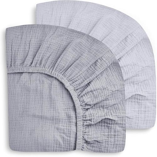 SWEET DOLPHIN 2-Pack Muslin Crib Sheets for Boys & Girls, Ultra Soft Breathable 40S Long-Staple Cotton Fitted Baby Sheets for Standard Crib Mattress 52"x28", Slate and Grey- Nursery Essentials