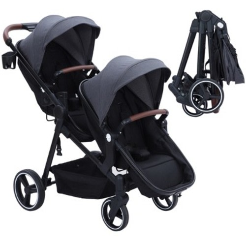 Double Tandem Stroller with Bassinet - 2-in-1 Reversible Seats, Foldable, 5-Point Harness, Large Storage, Lightweight Aluminum, Dark Gray