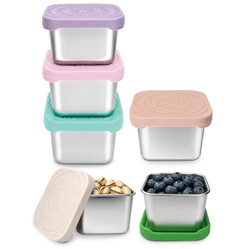 HTEVW 6 Pack Stainless Steel Snack Containers for Kids, 6 oz Food Container | Reusable leak resistant silicone lids food containers . Perfect for school lunch, daycare, travel and portion control.